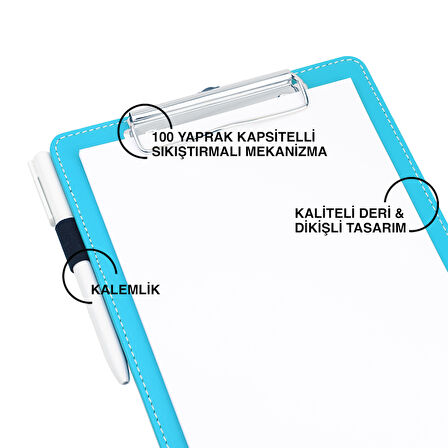 Sekreterlik,A5 Küçük Boy,Kapaksız,A5 Clipboard Vegan Suni Deri,17,5x24,5 cm.,Turkuaz