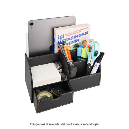 Masa Üstü Düzenleyici,Kalemlik,Kumandalık,Küpbloknotluk,Tabletlik,Kitaplık,6 Gözlü,Çekmeceli,Desktop Organizer,Vegan,24,5*13*12