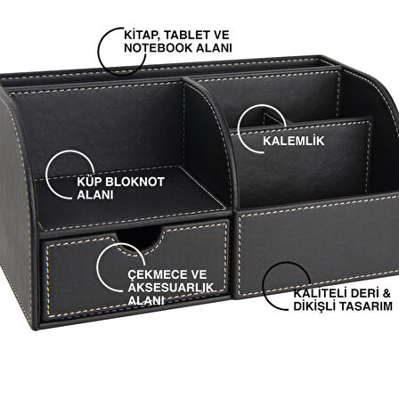 Masa Üstü Düzenleyici,Kalemlik,Kumandalık,Küpbloknotluk,Tabletlik,Kitaplık,6 Gözlü,Çekmeceli,Desktop Organizer,Vegan,24,5*13*12