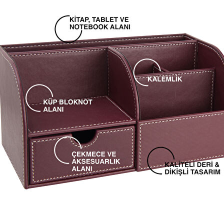 Masaüstü Düzenleyici,Kalemlik,Kumandalık,Küpbloknotluk,Tabletlik,Kitaplık,6 Gözlü,Çekmeceli,Desktop Organizer,Vegan,24,5*13*12