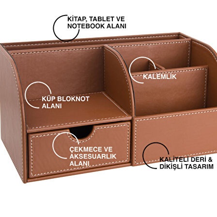 Masaüstü Düzenleyici,Kalemlik,Kumandalık,Küpbloknotluk,Tabletlik,Kitaplık,6 Gözlü,Çekmeceli,Desktop Organizer,Vegan,24,5*13*12