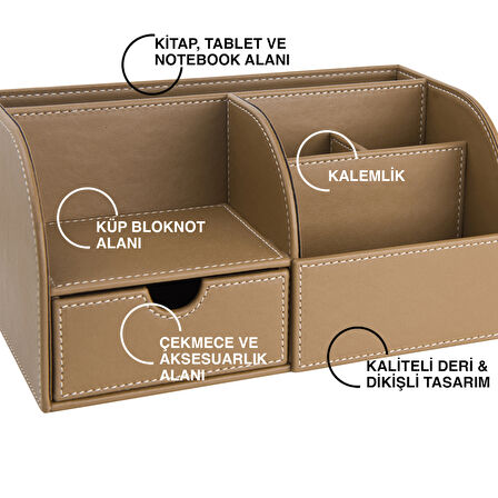 Masaüstü Düzenleyici,Kalemlik,Kumandalık,Küpbloknotluk,Tabletlik,Kitaplık,6 Gözlü,Çekmeceli,Desktop Organizer,Vegan,24,5*13*12