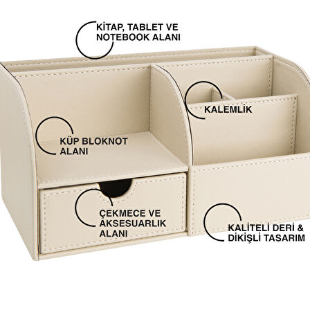 Masaüstü Düzenleyici,Kalemlik,Kumandalık,Küpbloknotluk,Tabletlik,Kitaplık,6 Gözlü,Çekmeceli,Desktop Organizer,Vegan,24,5*13*12
