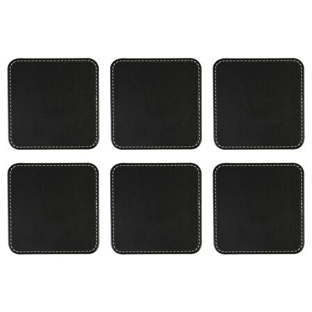 Bardak Altlığı,6’lı Set,Masaüstü Kare Cup Coaster,Vegan Suni Deri,11x11 cm.,Siyah