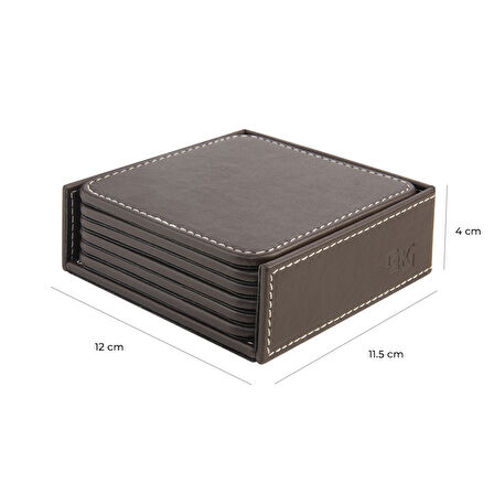 Bardak Altlığı,6’lı Set,Masaüstü Kare Cup Coaster,Vegan Suni Deri,11x11 cm.,Kahverengi