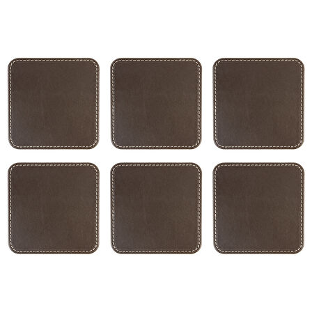 Bardak Altlığı,6’lı Set,Masaüstü Kare Cup Coaster,Vegan Suni Deri,11x11 cm.,Kahverengi