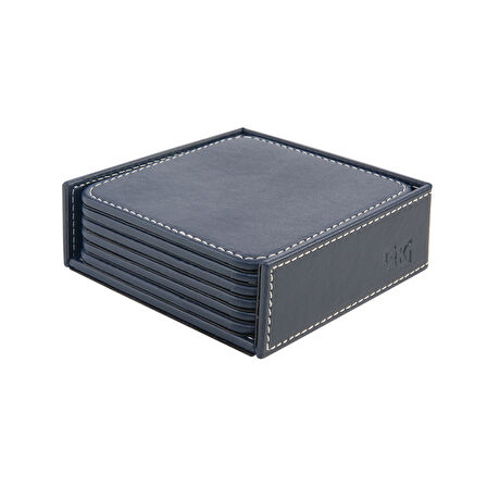 Bardak Altlığı,6’lı Set,Masaüstü Kare Cup Coaster,Vegan Suni Deri,11x11 cm.,Lacivert