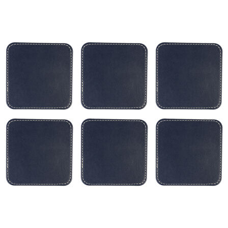 Bardak Altlığı,6’lı Set,Masaüstü Kare Cup Coaster,Vegan Suni Deri,11x11 cm.,Lacivert