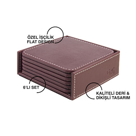 Bardak Altlığı,6’lı Set,Masaüstü Kare Cup Coaster,Vegan Suni Deri,11x11 cm.,Bordo