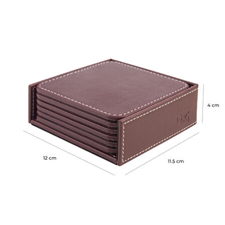 Bardak Altlığı,6’lı Set,Masaüstü Kare Cup Coaster,Vegan Suni Deri,11x11 cm.,Bordo