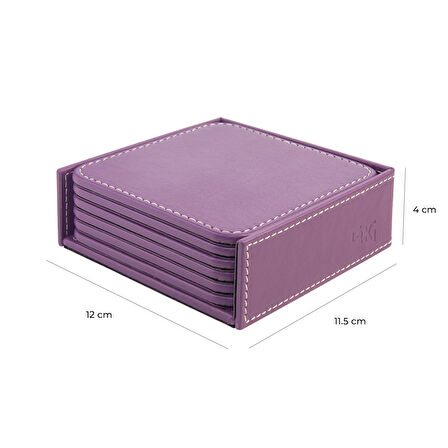 Bardak Altlığı,6’lı Set,Masaüstü Kare Cup Coaster,Vegan Suni Deri,11x11 cm.,Lila