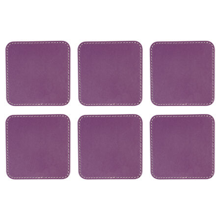 Bardak Altlığı,6’lı Set,Masaüstü Kare Cup Coaster,Vegan Suni Deri,11x11 cm.,Lila