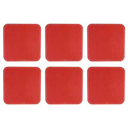 Bardak Altlığı,6’lı Set,Masaüstü Kare Cup Coaster,Vegan Suni Deri,11x11 cm.,Kırmızı