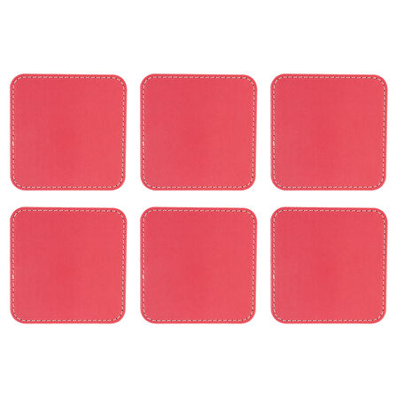 Bardak Altlığı,6’lı Set,Masaüstü Kare Cup Coaster,Vegan Suni Deri,11x11 cm.,Fuşya