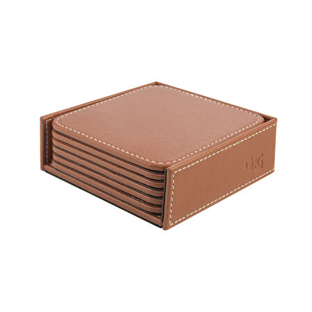 Bardak Altlığı,6’lı Set,Masaüstü Kare Cup Coaster,Vegan Suni Deri,11x11 cm.,Taba