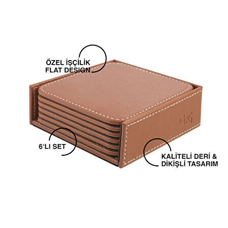 Bardak Altlığı,6’lı Set,Masaüstü Kare Cup Coaster,Vegan Suni Deri,11x11 cm.,Taba