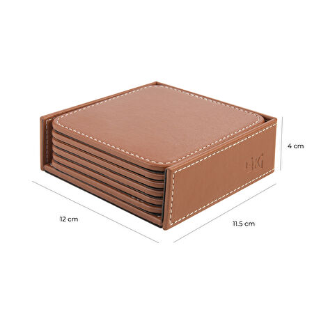 Bardak Altlığı,6’lı Set,Masaüstü Kare Cup Coaster,Vegan Suni Deri,11x11 cm.,Taba