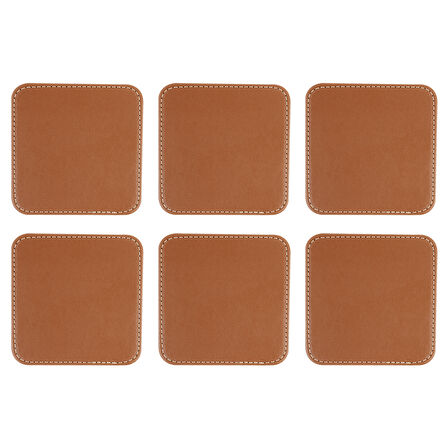 Bardak Altlığı,6’lı Set,Masaüstü Kare Cup Coaster,Vegan Suni Deri,11x11 cm.,Taba