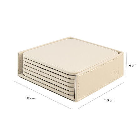Bardak Altlığı,6’lı Set,Masaüstü Kare Cup Coaster,Vegan Suni Deri,11x11 cm.,Bej