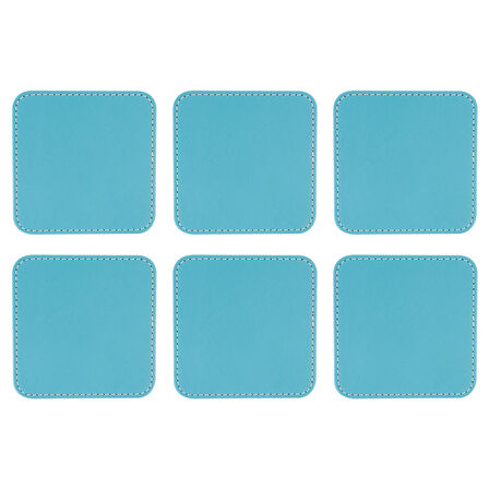 Bardak Altlığı,6’lı Set,Masaüstü Kare Cup Coaster,Vegan Suni Deri,11x11 cm.,Turkuaz