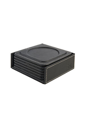 Bardak Altlığı,6’lı Set,Masaüstü Yuvarlak Cup Coaster,Vegan Suni Deri,11x11 cm.,Siyah
