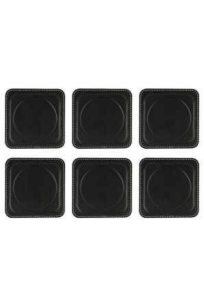 Bardak Altlığı,6’lı Set,Masaüstü Yuvarlak Cup Coaster,Vegan Suni Deri,11x11 cm.,Siyah
