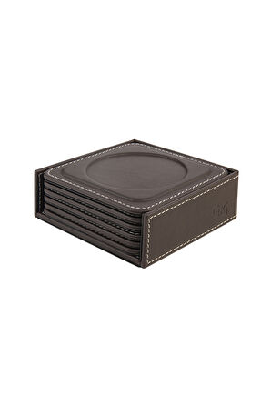 Bardak Altlığı,6’lı Set,Masaüstü Yuvarlak Cup Coaster,Vegan Suni Deri,11x11 cm.,Kahverengi