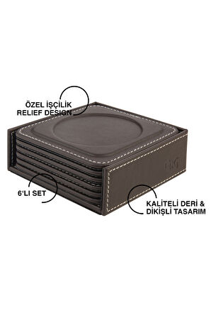 Bardak Altlığı,6’lı Set,Masaüstü Yuvarlak Cup Coaster,Vegan Suni Deri,11x11 cm.,Kahverengi