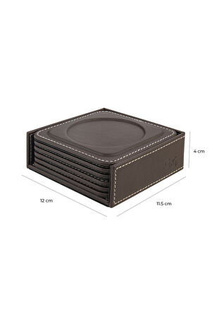 Bardak Altlığı,6’lı Set,Masaüstü Yuvarlak Cup Coaster,Vegan Suni Deri,11x11 cm.,Kahverengi