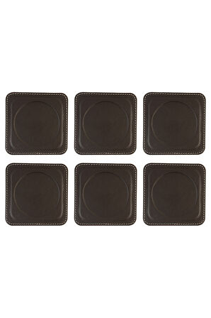 Bardak Altlığı,6’lı Set,Masaüstü Yuvarlak Cup Coaster,Vegan Suni Deri,11x11 cm.,Kahverengi