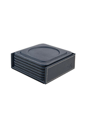 Bardak Altlığı,6’lı Set,Masaüstü Yuvarlak Cup Coaster,Vegan Suni Deri,11x11 cm.,Lacivert