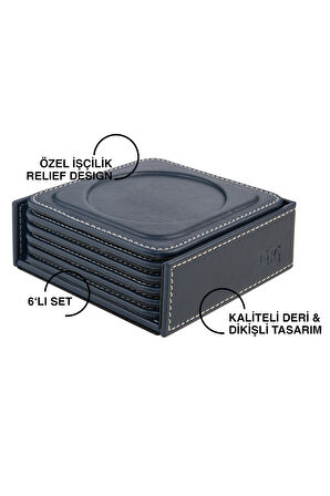 Bardak Altlığı,6’lı Set,Masaüstü Yuvarlak Cup Coaster,Vegan Suni Deri,11x11 cm.,Lacivert