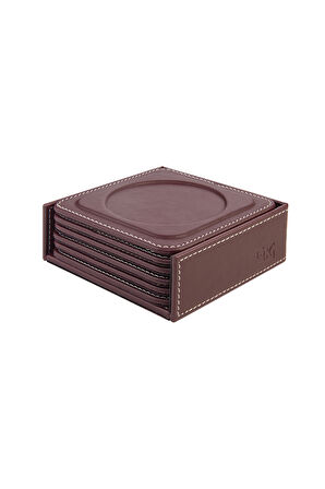 Bardak Altlığı,6’lı Set,Masaüstü Yuvarlak Cup Coaster,Vegan Suni Deri,11x11 cm.,Bordo