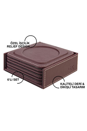 Bardak Altlığı,6’lı Set,Masaüstü Yuvarlak Cup Coaster,Vegan Suni Deri,11x11 cm.,Bordo