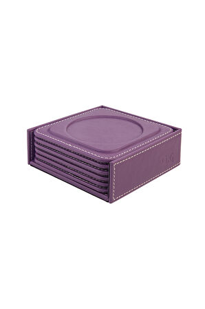 Bardak Altlığı,6’lı Set,Masaüstü Yuvarlak Cup Coaster,Vegan Suni Deri,11x11 cm.,Lila
