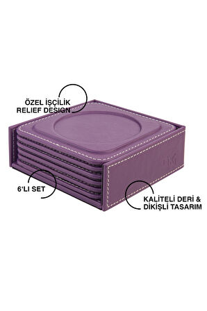 Bardak Altlığı,6’lı Set,Masaüstü Yuvarlak Cup Coaster,Vegan Suni Deri,11x11 cm.,Lila