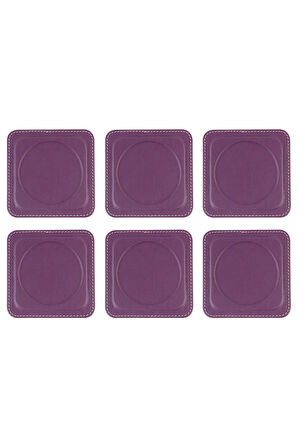 Bardak Altlığı,6’lı Set,Masaüstü Yuvarlak Cup Coaster,Vegan Suni Deri,11x11 cm.,Lila