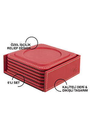Bardak Altlığı,6’lı Set,Masaüstü Yuvarlak Cup Coaster,Vegan Suni Deri,11x11 cm.,Kırmızı