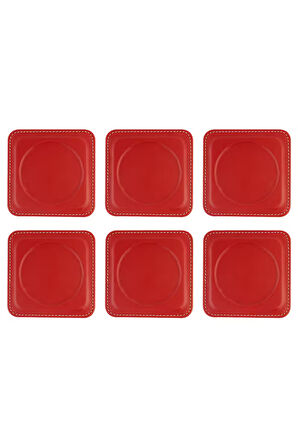 Bardak Altlığı,6’lı Set,Masaüstü Yuvarlak Cup Coaster,Vegan Suni Deri,11x11 cm.,Kırmızı