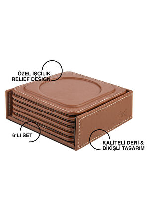 Bardak Altlığı,6’lı Set,Masaüstü Yuvarlak Cup Coaster,Vegan Suni Deri,11x11 cm.,Taba