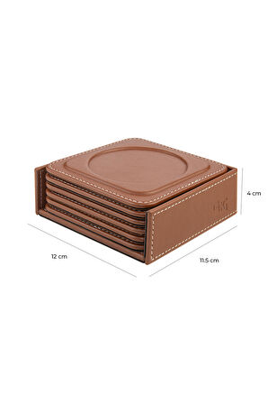Bardak Altlığı,6’lı Set,Masaüstü Yuvarlak Cup Coaster,Vegan Suni Deri,11x11 cm.,Taba