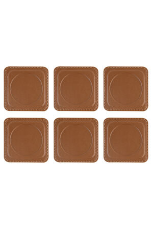 Bardak Altlığı,6’lı Set,Masaüstü Yuvarlak Cup Coaster,Vegan Suni Deri,11x11 cm.,Taba
