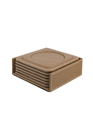 Bardak Altlığı,6’lı Set,Masaüstü Yuvarlak Cup Coaster,Vegan Suni Deri,11x11 cm.,Vizon