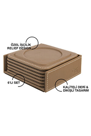 Bardak Altlığı,6’lı Set,Masaüstü Yuvarlak Cup Coaster,Vegan Suni Deri,11x11 cm.,Vizon