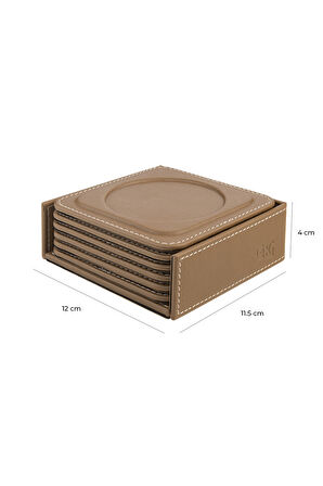 Bardak Altlığı,6’lı Set,Masaüstü Yuvarlak Cup Coaster,Vegan Suni Deri,11x11 cm.,Vizon