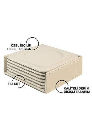Bardak Altlığı,6’lı Set,Masaüstü Yuvarlak Cup Coaster,Vegan Suni Deri,11x11 cm.,Bej