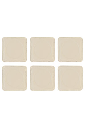 Bardak Altlığı,6’lı Set,Masaüstü Yuvarlak Cup Coaster,Vegan Suni Deri,11x11 cm.,Bej