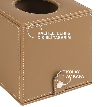 Peçetelik,Butik Kutu Mendil,Kağıt Mendil Muhafaza Kutusu,Vegan Deri,13*13*13 cm. Vizon