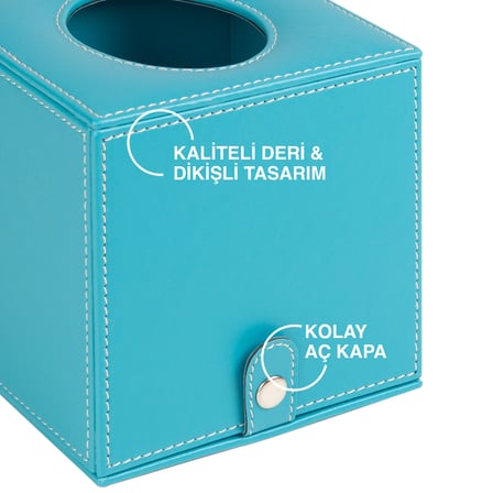 Peçetelik,Butik Kutu Mendil,Kağıt Mendil Muhafaza Kutusu,Vegan Deri,13*13*13 cm. Turkuaz