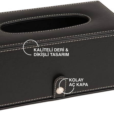 2K Premium Tasarım Vegan Deri Mendil ve Peçete Kutusu Maksi Boy Peçetelik Ofis Ev Hediyelik Masa üstü Aksesuar 24x13x10 cm. Siyah